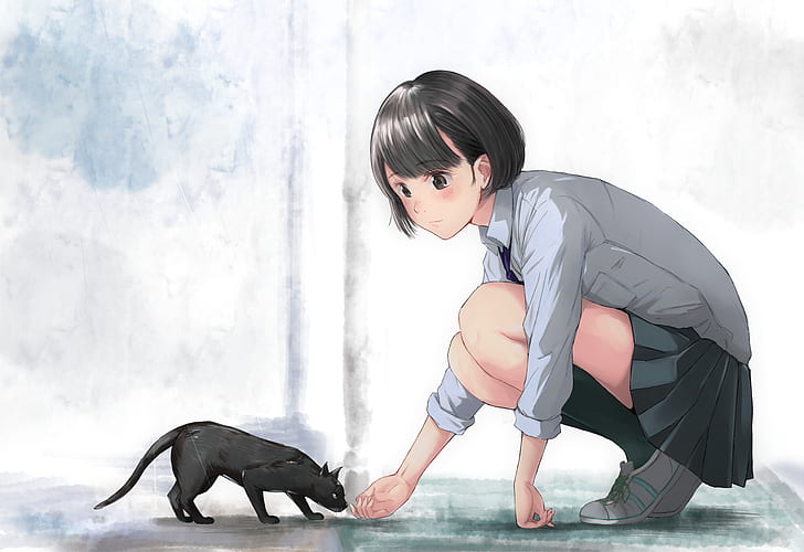 アニメ アニメの女の子 猫 猫 動物 ミニスカート 黒髪 Hdデスクトップの壁紙 Wallpaperbetter