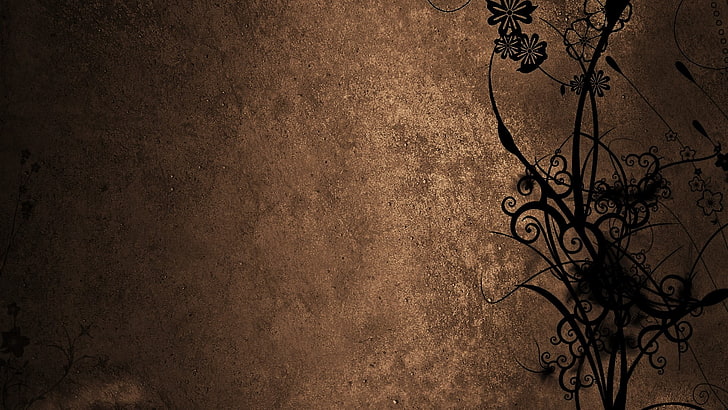 black and brown floral digital wallpaper, minimalism, texture, brown background, artwork, HD wallpaper