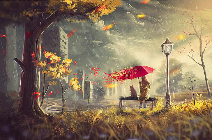 kvinna sitter medan du håller rött paraplymålning, höst, katt, löv, flicka, moln, hus, regn, träd, vinden, gatan, paraply, HD tapet