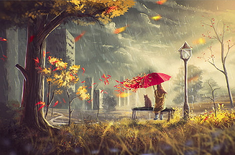 mujer sentada mientras sostiene la pintura de paraguas rojo, otoño, gato, hojas, niña, nubes, casa, lluvia, árbol, el viento, calle, paraguas, Fondo de pantalla HD HD wallpaper