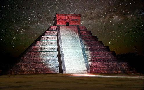 Chichen Itza, Lumière, Mexique, Nuit, Pyramide, Ciel étoilé, Fond d'écran HD HD wallpaper