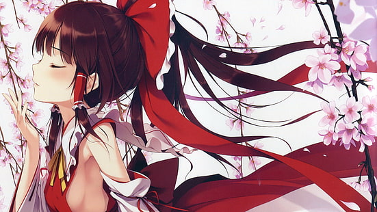 illustrazione del nastro rosso della donna, anime girls, anime, Touhou, maniche staccate, Hakurei Reimu, miko, sideboob, manga, ke-ta, brunette, Sfondo HD HD wallpaper