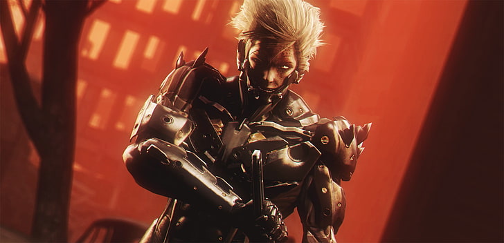 رجل يرتدي خلفية رقمية مدرعة باللونين الرمادي والأسود وألعاب فيديو وأعمال فنية و Metal Gear Rising: Revengeance، خلفية HD