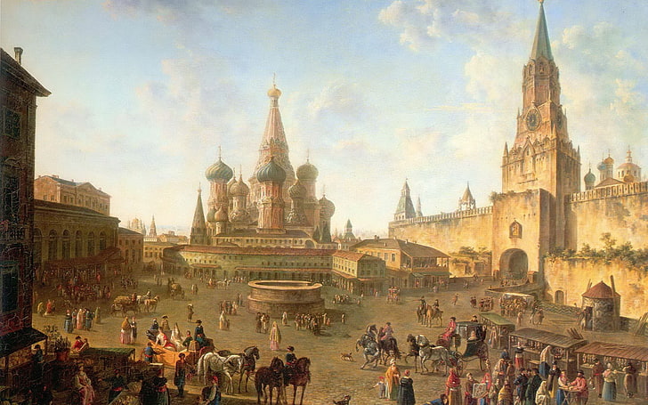 brown concrete castle, Russia, Moscow, Europe, artwork, painting, Fyodor Alekseyev, cropped, HD wallpaper