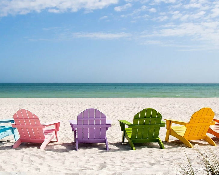 deck chairs sand beach, HD wallpaper