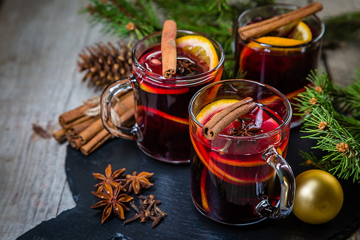 three clear glass mugs, New Year, cookies, Christmas, bump, wine, orange, merry christmas, Xmas, punch, tea, decoration, mulled wine, HD wallpaper