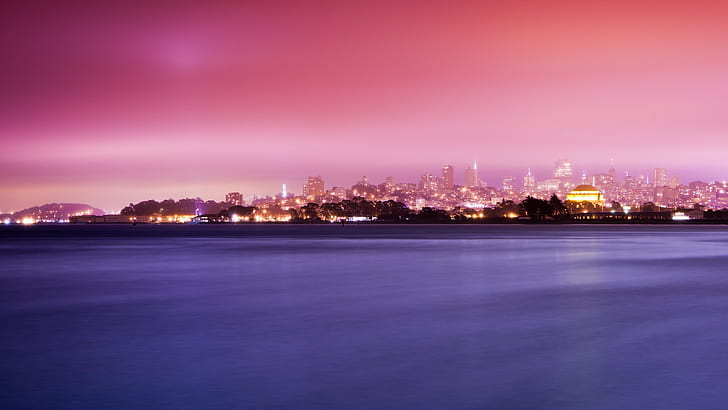 fotografia, morze, woda, pejzaż, noc, miasto, San Francisco, USA, Tapety HD