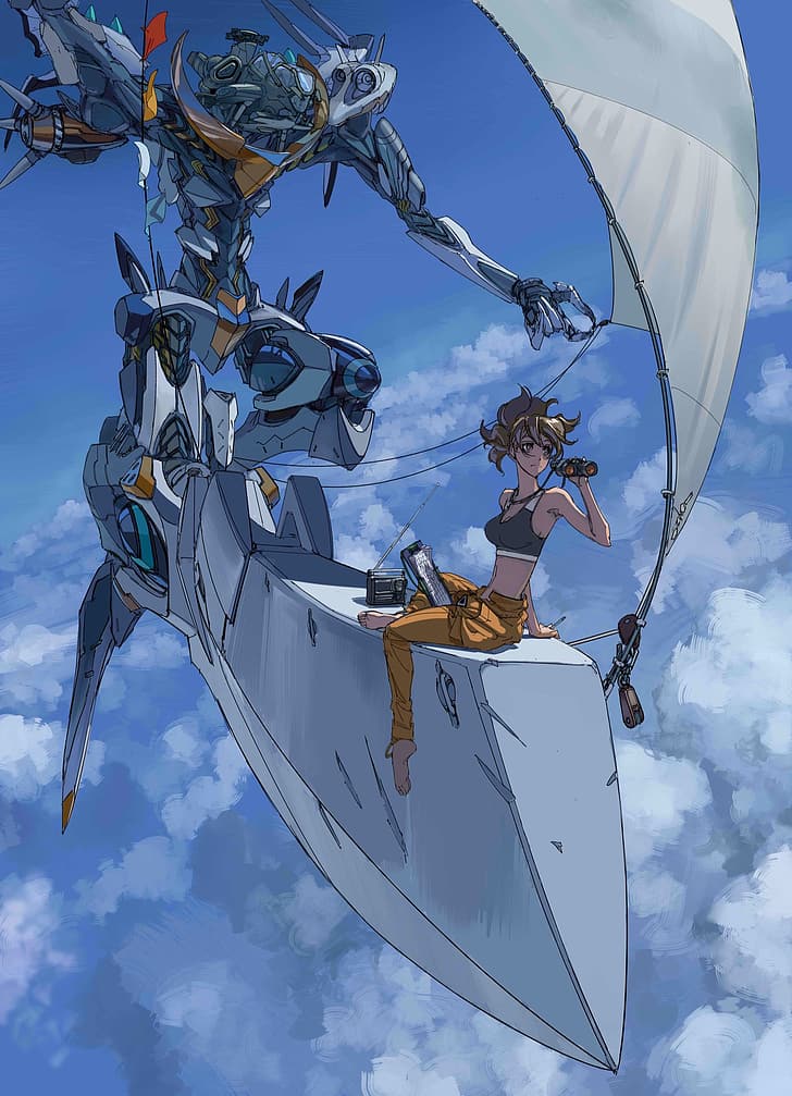 Iconic field, clouds, mech, anime boys, anime girls, flying, messy hair, HD wallpaper