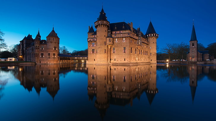 water, night, reflection, castle, lighting, Netherlands, De Hair, HD wallpaper