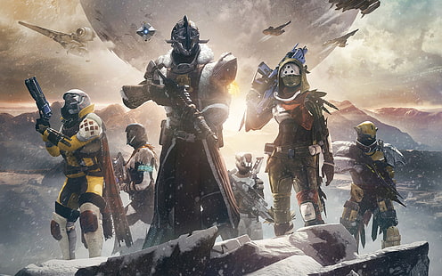 Destiny 2 (videogame), videogame, ficção científica, o viajante, bruxo (destino), caçador (destino), Titan (Destiny), nave espacial, neve, arma, soldado, HD papel de parede HD wallpaper