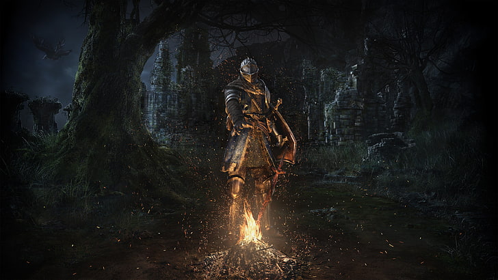 Ilustração de Dark Souls, foto do cavaleiro blindado perto da fogueira, Dark Souls, videogame, Dark Souls: Remastered, cavaleiro, fogo, árvores, noite, castelo, From Software, morto-vivo, HD papel de parede