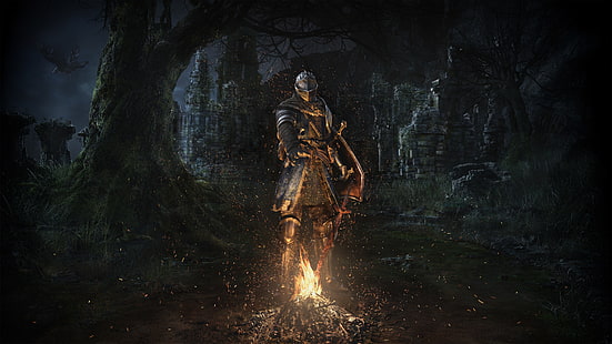 Ilustração de Dark Souls, foto do cavaleiro blindado perto da fogueira, Dark Souls, videogame, Dark Souls: Remastered, cavaleiro, fogo, árvores, noite, castelo, From Software, morto-vivo, HD papel de parede HD wallpaper
