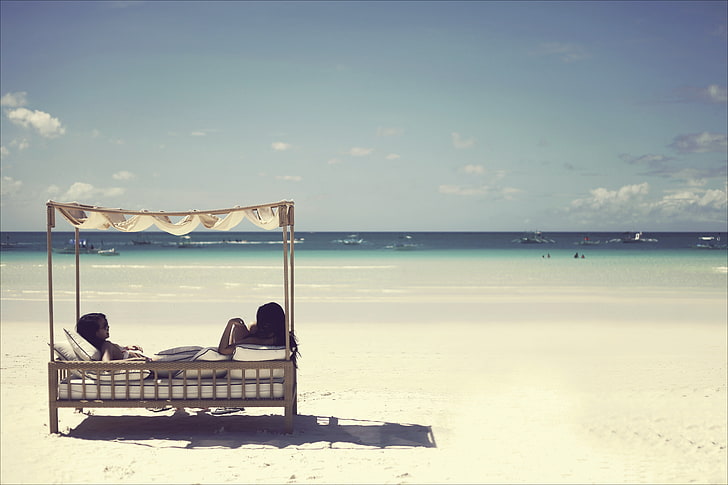gray wooden bench, sea, beach, landscape, girls, mood, island, ships, Philippines, boracay, HD wallpaper