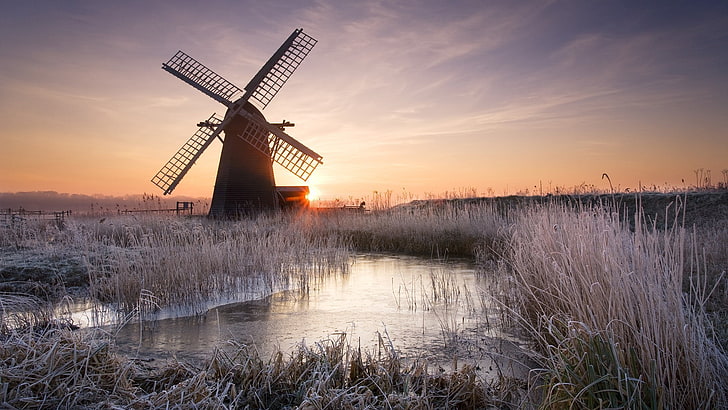puesta de sol, invierno, molino de viento, Países Bajos, Fondo de pantalla HD