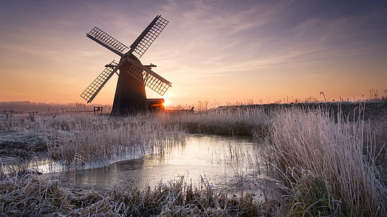 coucher de soleil, hiver, moulin à vent, Pays-Bas, Fond d'écran HD HD wallpaper