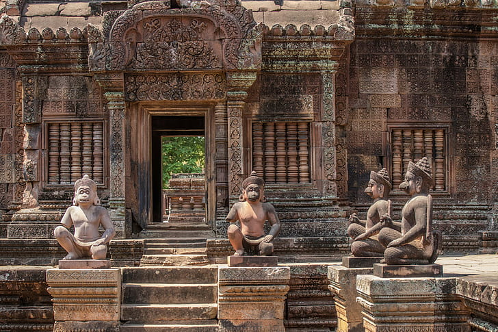 angkor wat, ásia, banteay srei, camboja, afrescos, siem rap, estátuas, alvenaria, templo, complexo de templos, HD papel de parede