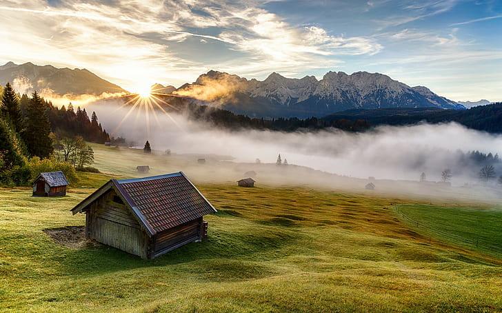 Bayern, Niemcy, góry, brązowy dom w pobliżu lasu podczas mgły w ciągu dnia, poranek, drzewa, góry, mgła, dom, trawa, Bayern, natura, Niemcy, Tapety HD