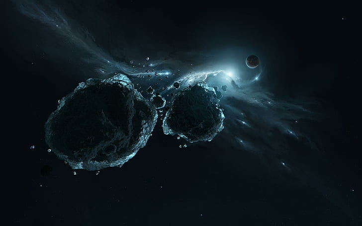 Asteroid menuju Bumi, lukisan meteor abu-abu dan hitam, fantasi, 2560x1600, bintang, planet, bumi, asteroid, Wallpaper HD