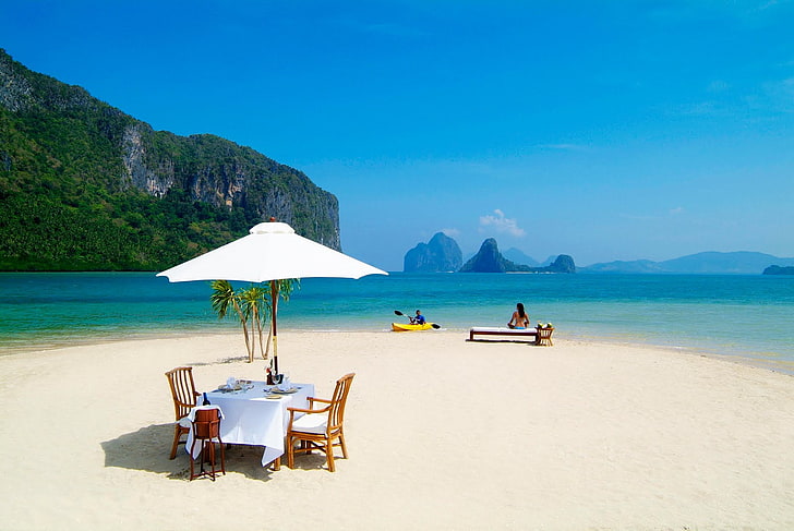 El Nido Resorts, white and brown 3-piece patio table, Nature, Summer, beach, HD wallpaper
