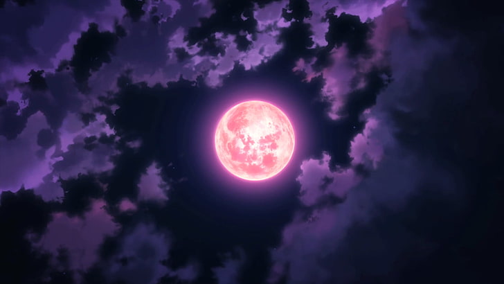 червена луна илюстрация, аниме, луна, небе, облаци, нощ, HD тапет