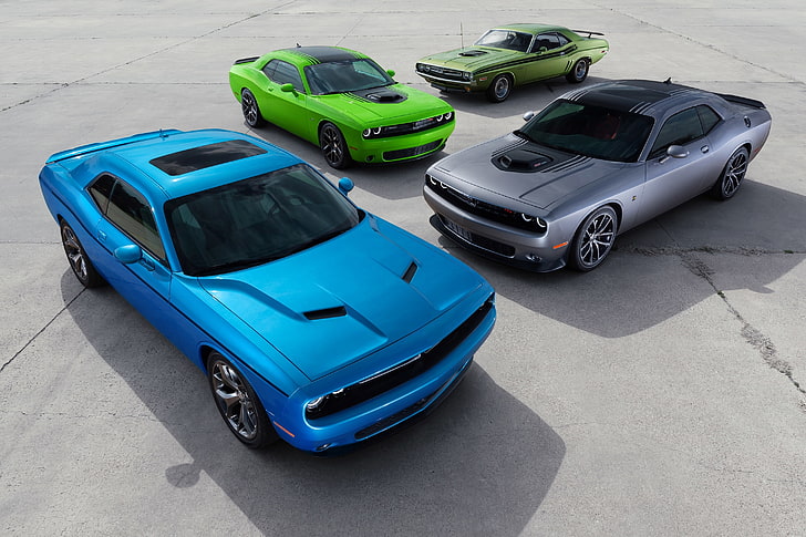 cztery coupe w różnych kolorach, zielony, Dodge, Challenger, samochody, szary, muskularny, niebieski, 1970 i R / T, 2015, Tapety HD