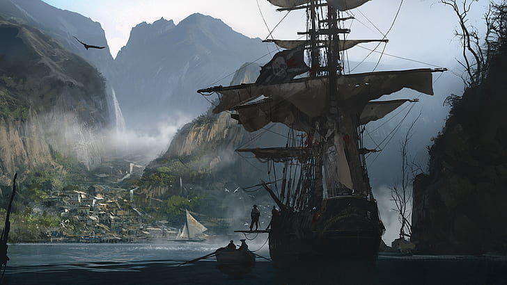 Assassin's Creed Black Flag Pirate Schooner Ship Sail Ship Drawing Row Boat HD, видео игри, черно, рисунка, s, лодка, кораб, флаг, убиец, creed, платно, пират, шхуна, ред, HD тапет