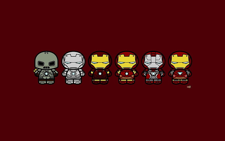 Sechs verschiedenfarbige Iron Man-Figuren, Iron Man, Superheld, Minimalismus, Rot, Marvel Cinematic Universe, Marvel Comics, HD-Hintergrundbild