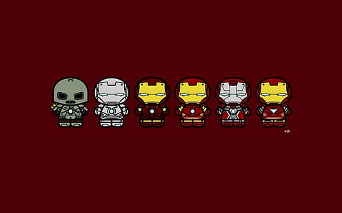 Sechs verschiedenfarbige Iron Man-Figuren, Iron Man, Superheld, Minimalismus, Rot, Marvel Cinematic Universe, Marvel Comics, HD-Hintergrundbild HD wallpaper