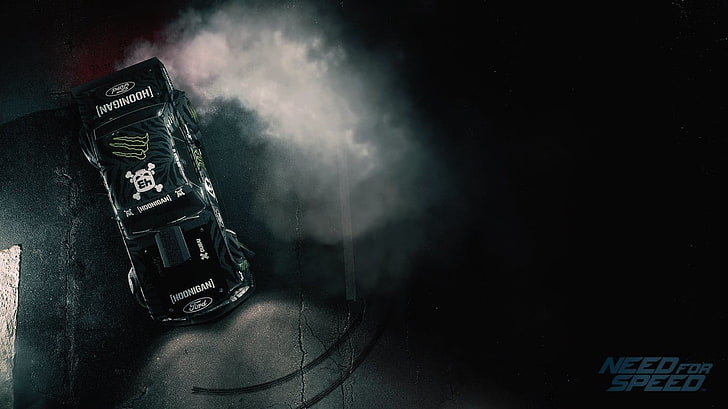Vehículo negro chocando en la carretera durante la noche, Need for Speed, 2015, videojuegos, 1965 Ford Mustang, Ken Block, Ford, Fondo de pantalla HD