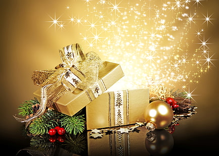 золотая подарочная коробка, зима, ветки, коробка, подарок, ель, шар, Новый год, Рождество, декорации, праздники, веточки, золото, HD обои HD wallpaper