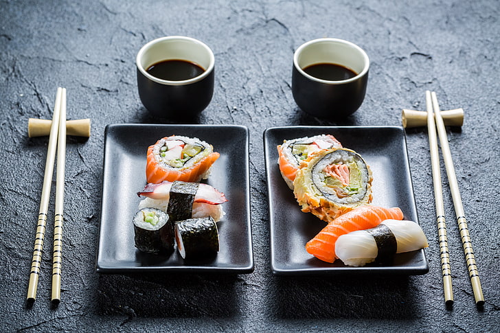 sushi com molho, palitos, gostoso, design, rolos, sushi, cozinha japonesa, molho de soja, HD papel de parede