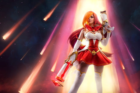 Helly von Valentine, Disharmonica, women, model, portrait, cosplay, Miss Fortune (League of Legends), Star Guardian, stars, shooting stars, space, looking into the distance, smiling, cleavage, knee-high boots, League of Legends, HD wallpaper HD wallpaper