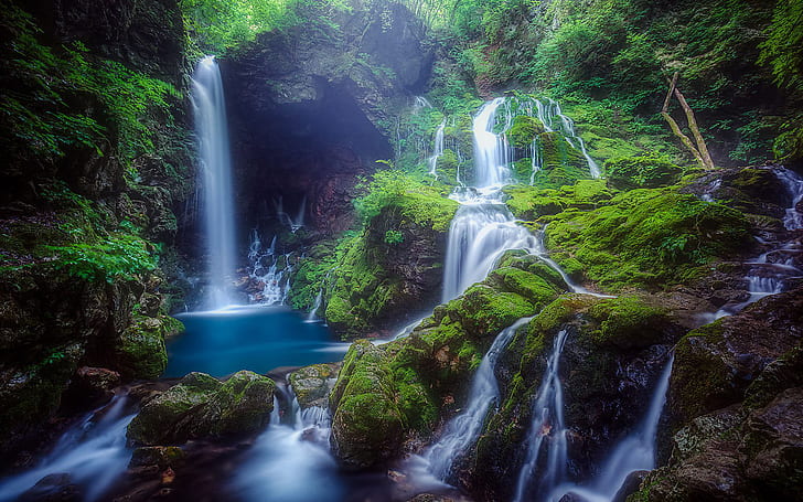 Wasserfälle, Wasserfall, Grün, Felsen, HD-Hintergrundbild