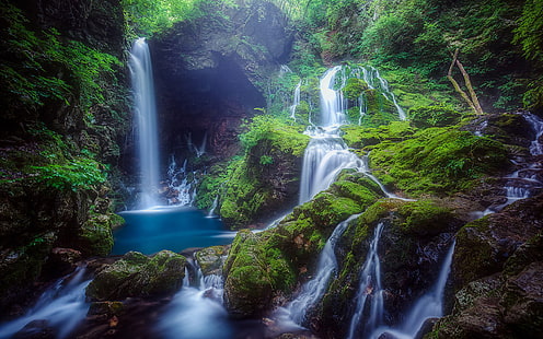Водопади, водопад, зеленина, скала, HD тапет HD wallpaper
