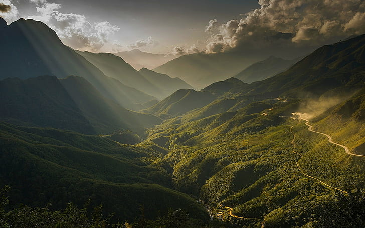 природа, пейзаж, солнечные лучи, горы, долина, река, туман, облака, лес, грунтовая дорога, Вьетнам, HD обои