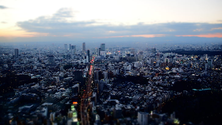 vue aérienne des bâtiments de la ville, photographie vue aérienne des bâtiments, Tokyo, paysage, Japon, coucher de soleil, tilt shift, Fond d'écran HD