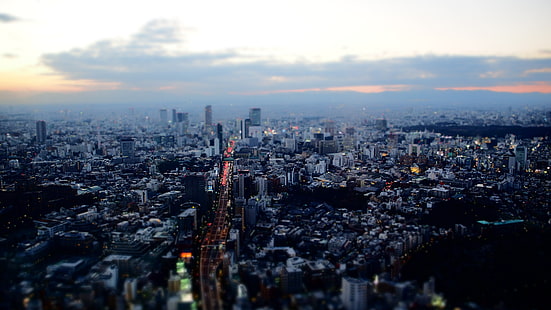 都市の建物の空撮、建物の空撮写真、東京、風景、日本、日没、ティルトシフト、 HDデスクトップの壁紙 HD wallpaper