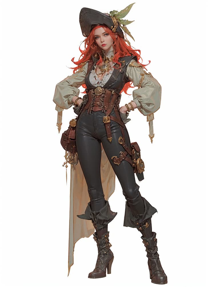 Peter Kaws, drawing, women, redhead, pirate girl, white background, HD wallpaper