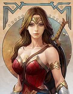 Ким Сон Хван, рисунок, Чудо-женщина, брюнетка, воин, диадемы, оружие, меч, щит, DC Comics, HD обои HD wallpaper
