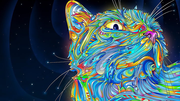 tapeta cyfrowa z kotem w kolorze turkusowym i wielobarwnym, kot, przestrzeń, Tapety HD