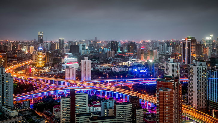 high rise buildings, China, building, road, panorama, Shanghai, night city, Huangpu, HD wallpaper