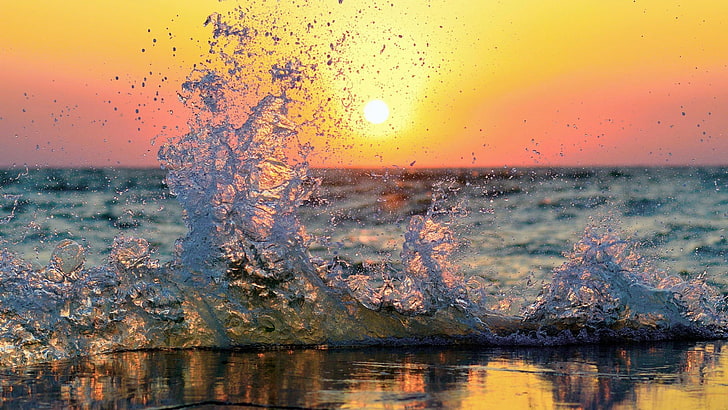 sea, waves, splashes, Sun, water, shoreline, HD wallpaper