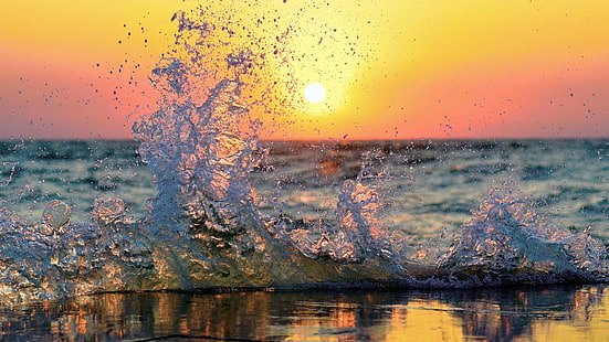 mar, olas, salpicaduras, sol, agua, costa, Fondo de pantalla HD HD wallpaper