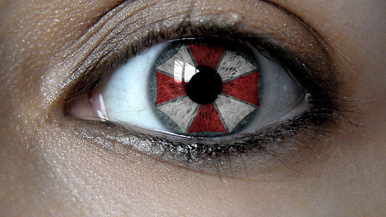 red and white umbrella contact lens, Umbrella Corporation, Resident Evil, eyes, movies, HD wallpaper HD wallpaper