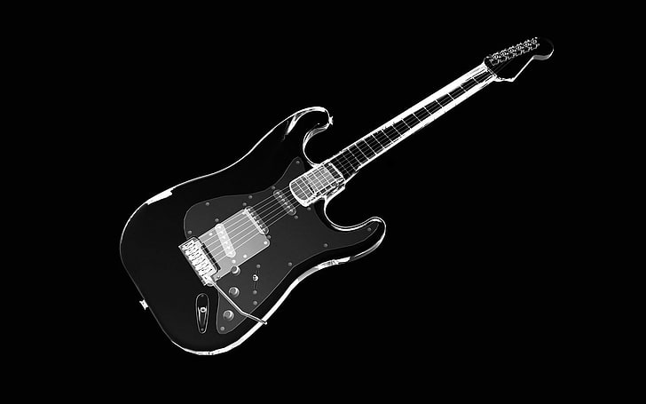 guitarra elétrica preta e cinza, guitarra, monocromático, instrumento musical, HD papel de parede