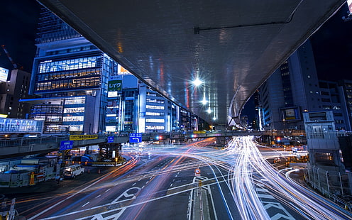 การถ่ายภาพในเมืองอาคารกลางคืนไฟถนนญี่ปุ่นโตเกียวถนนการเปิดรับแสงเป็นเวลานาน, วอลล์เปเปอร์ HD HD wallpaper