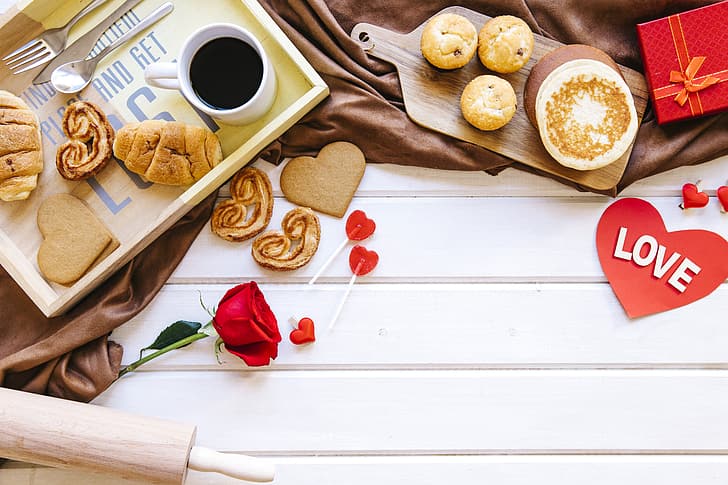 love, gift, roses, Breakfast, red, heart, cakes, romantic, coffee cup, valentine's day, croissants, growing, a Cup of coffee, gift box, HD wallpaper