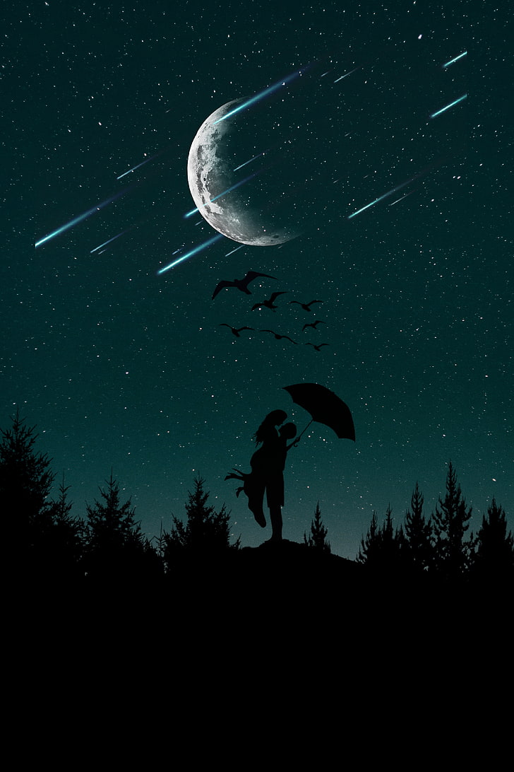 silhueta do casal sobre a ilustração da lua, casal, silhuetas, céu estrelado, amor, guarda-chuva, lua, árvores, noite, HD papel de parede, papel de parede de celular