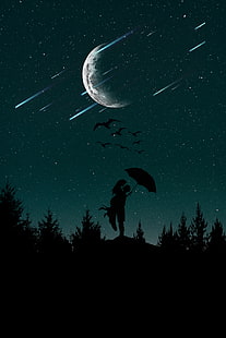 silueta de pareja sobre luna ilustración, pareja, siluetas, cielo estrellado, amor, paraguas, luna, árboles, noche, Fondo de pantalla HD HD wallpaper