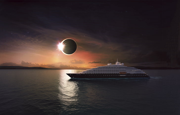 The sun, The ocean, Sea, Yacht, The ship, Eclipse, Rendering, Suite, Scenic Eclipse, Luxury Ocean Cruises, HD wallpaper